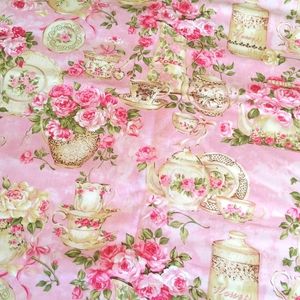 3 yard piece pink Rose Garden Tea For Two breast cancer awareness fabric materia